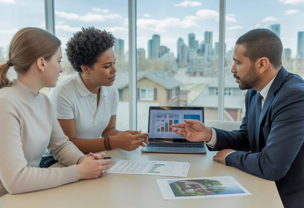 state agent discussing housing documents with a young couple in a modern office with a city view.