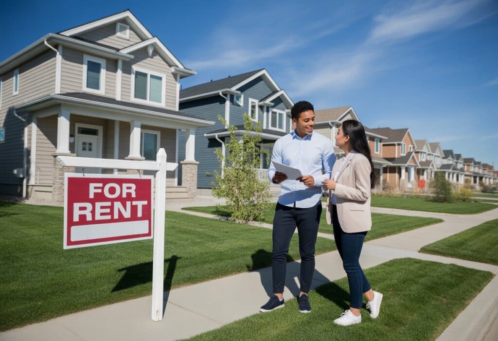 young couple outside home with rent sign