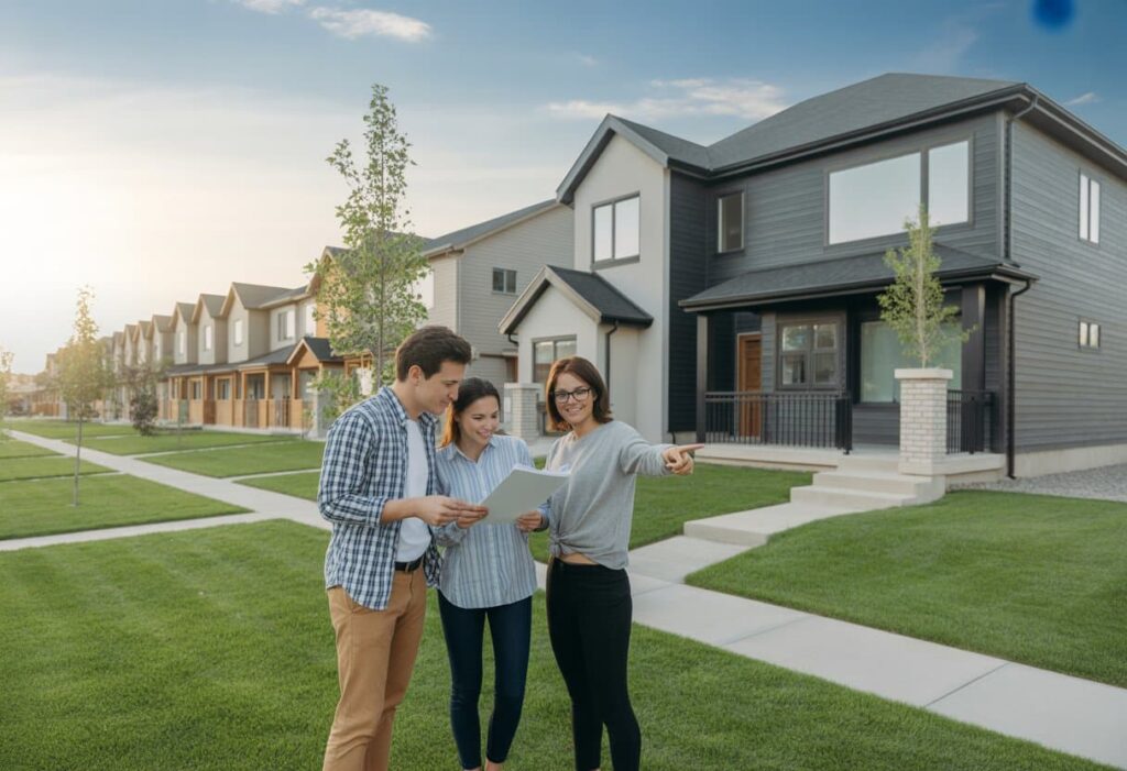 neighborhood with modern homes and green lawns.