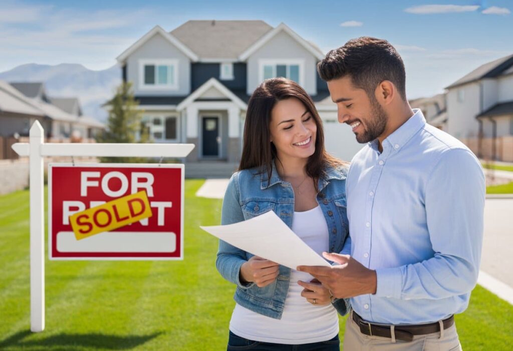 A smiling couple reviewing documents outside a suburban home with a 'For Rent' sign, with mountains visible in the background.